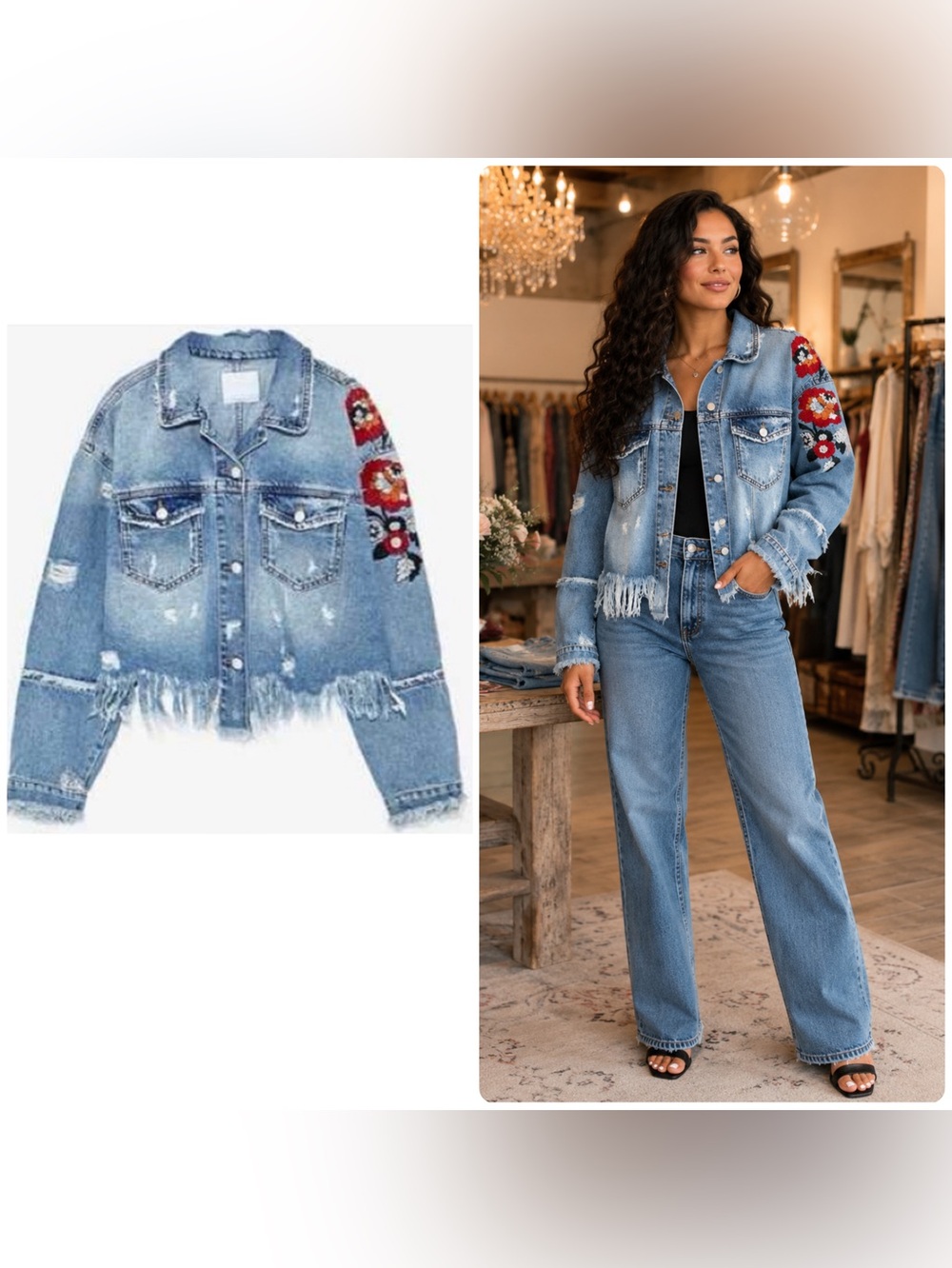 Zara Denim Distressed Cropped Jacket with Floral Embroidery -S/M